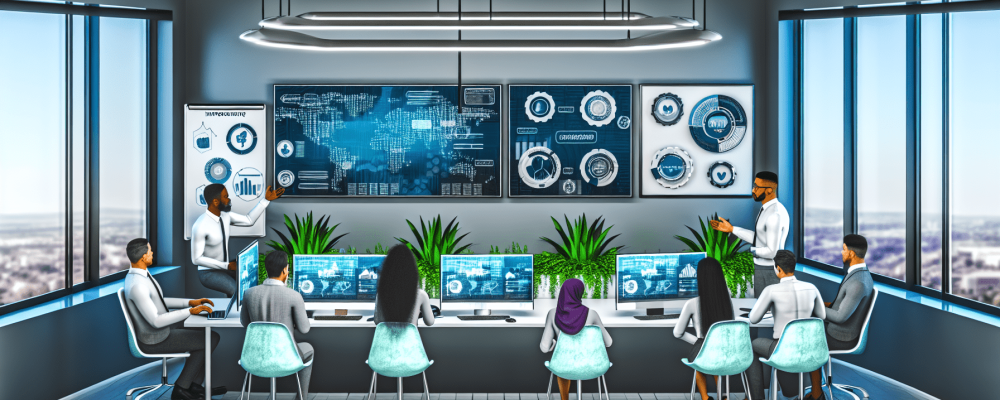 Profissionais discutem políticas de segurança da informação em sala moderna com plantas e quadros de dados.