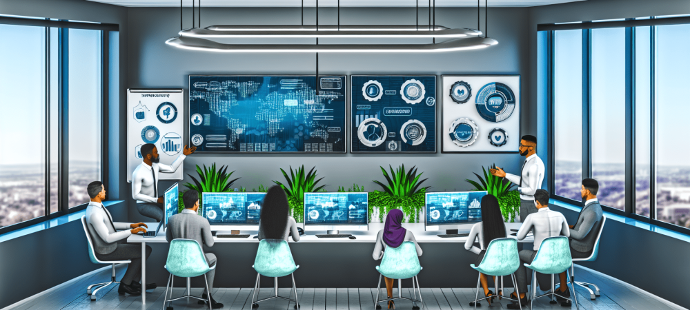 politica-seguranca-informacao-escritorio.webp Profissionais discutem políticas de segurança da informação em sala moderna com plantas e quadros de dados.