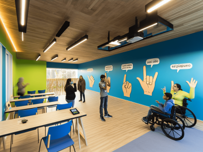 Alunos praticando a Língua Brasileira de Sinais em sala iluminada e acessível, com ilustrações de sinais e professor interagindo.