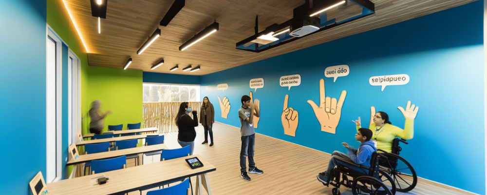 Alunos praticando a Língua Brasileira de Sinais em sala iluminada e acessível, com ilustrações de sinais e professor interagindo.