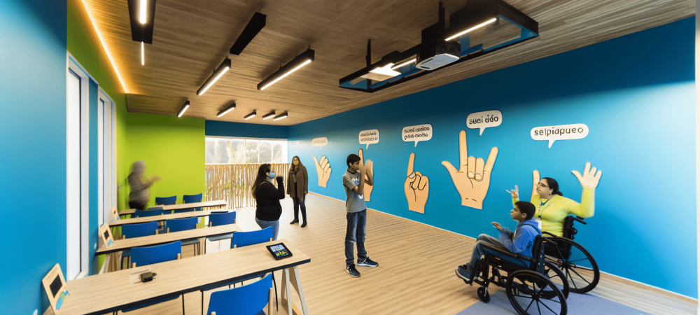 praticando-libras-sala-aula.webp Alunos praticando a Língua Brasileira de Sinais em sala iluminada e acessível, com ilustrações de sinais e professor interagindo.