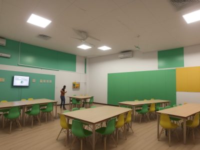 Professores e alunos da EJA realizando atividades dinâmicas em uma sala de aula vibrante com materiais didáticos coloridos.