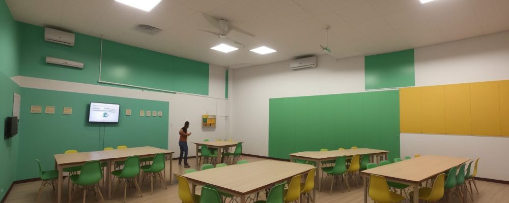 Professores e alunos da EJA realizando atividades dinâmicas em uma sala de aula vibrante com materiais didáticos coloridos.