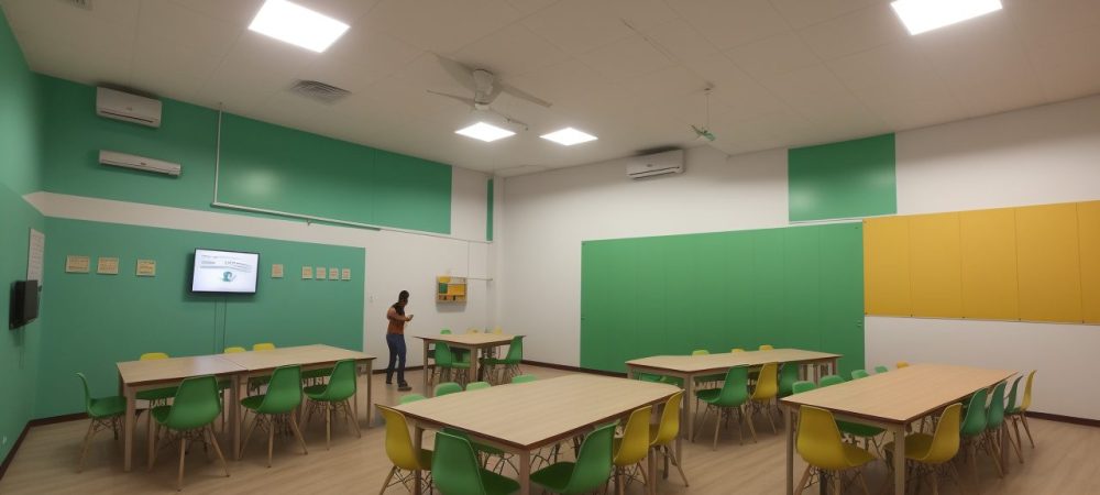 Professores e alunos da EJA realizando atividades dinâmicas em uma sala de aula vibrante com materiais didáticos coloridos.