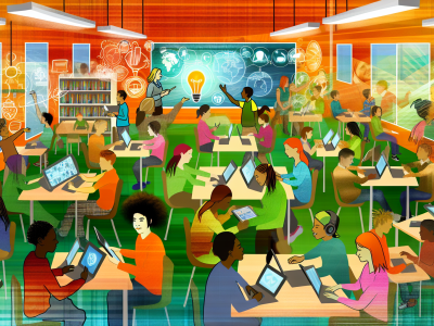 Sala de aula moderna com práticas pedagógicas inovadoras, alunos usando tablets e tecnologia digital.