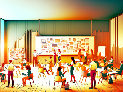 Sala de aula moderna e interativa com práticas pedagógicas inovadoras, professores usando tecnologia como tablets e telas digitais.