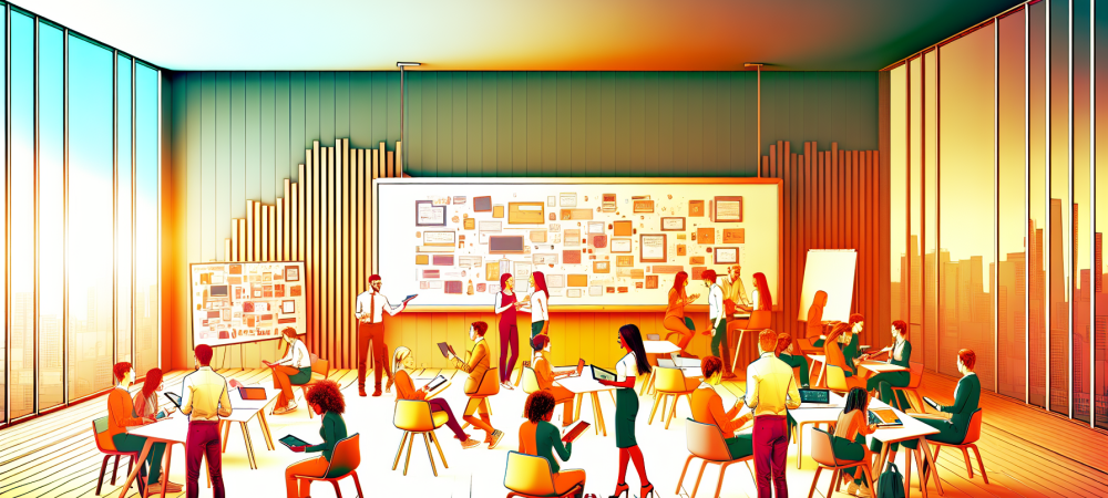Sala de aula moderna e interativa com práticas pedagógicas inovadoras, professores usando tecnologia como tablets e telas digitais.