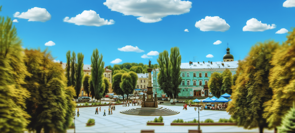 Praça pública com monumento histórico e edifícios preservados, destacando a importância do patrimônio público.