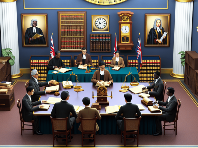 Juristas discutem direito administrativo em mesa formal cercada de livros e quadros de leis.