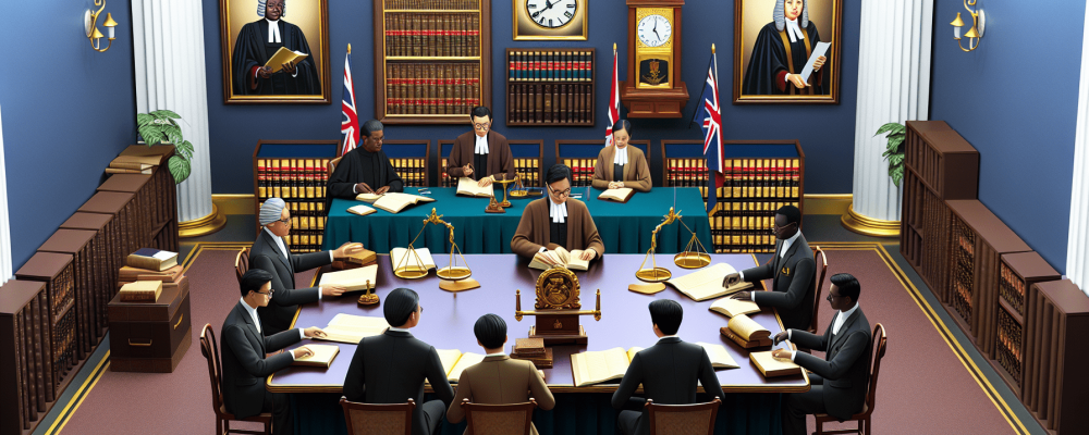 Juristas discutem direito administrativo em mesa formal cercada de livros e quadros de leis.