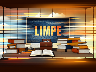 Mesa de trabalho com livros de direito administrativo e lousa digital sobre LIMPE iluminada por luz natural.