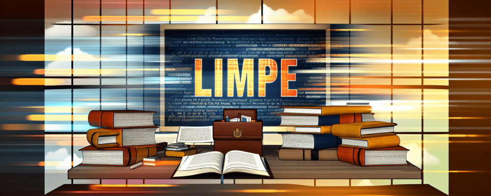 Mesa de trabalho com livros de direito administrativo e lousa digital sobre LIMPE iluminada por luz natural.