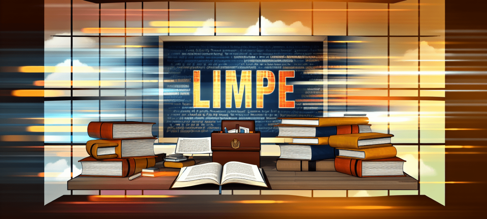 Mesa de trabalho com livros de direito administrativo e lousa digital sobre LIMPE iluminada por luz natural.