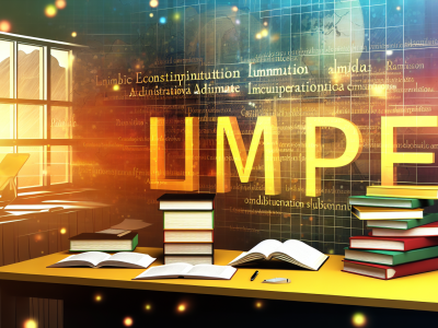 Mesa de trabalho com livros de direito administrativo e lousa digital sobre LIMPE iluminada por luz natural.