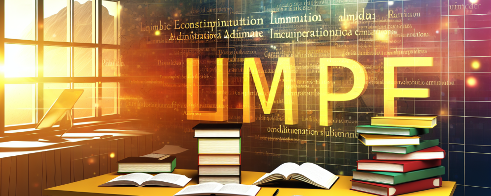 Mesa de trabalho com livros de direito administrativo e lousa digital sobre LIMPE iluminada por luz natural.