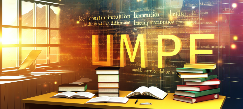 Mesa de trabalho com livros de direito administrativo e lousa digital sobre LIMPE iluminada por luz natural.