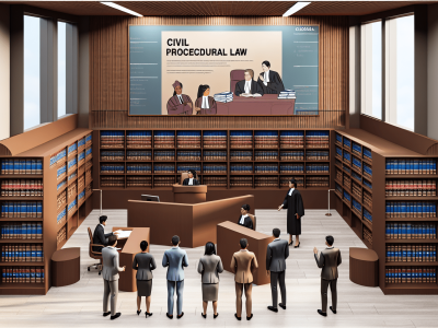 Sala de tribunal moderna com livros jurídicos e banner dos princípios do direito processual civil, advogados e juiz em ação.