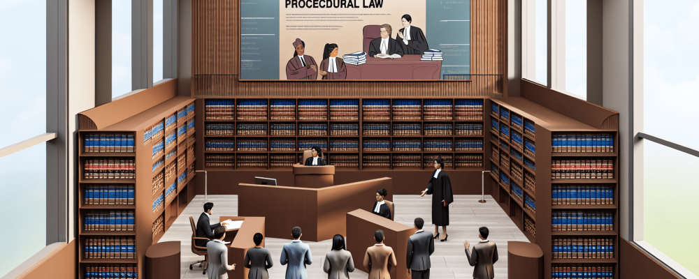 Sala de tribunal moderna com livros jurídicos e banner dos princípios do direito processual civil, advogados e juiz em ação.