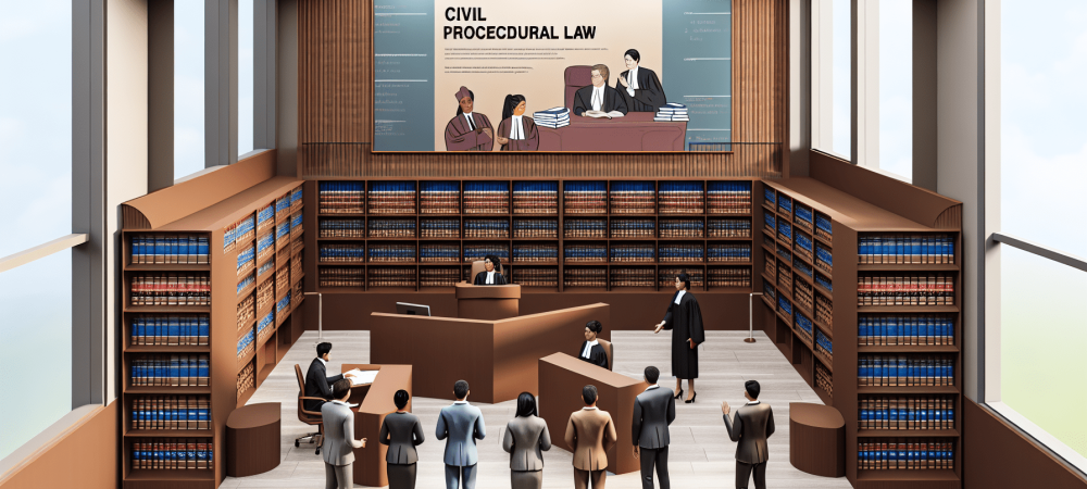 Sala de tribunal moderna com livros jurídicos e banner dos princípios do direito processual civil, advogados e juiz em ação.