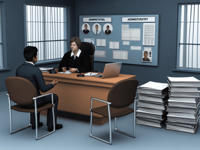 Juiz e servidor público em audiência de processo administrativo com documentos e gráficos explicativos.