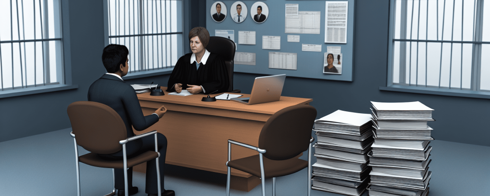 Juiz e servidor público em audiência de processo administrativo com documentos e gráficos explicativos.