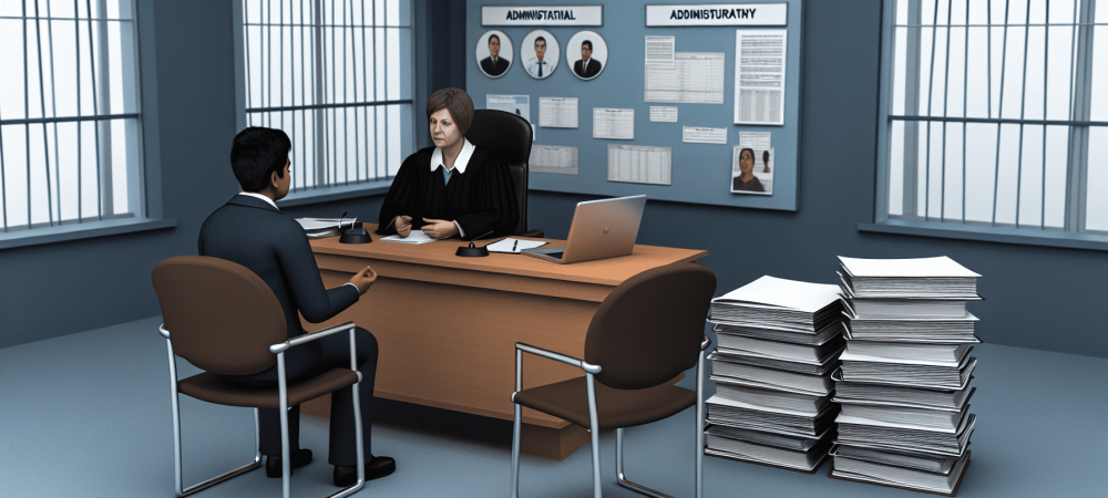 processo-administrativo-disciplinar-audiencia.webp Juiz e servidor público em audiência de processo administrativo com documentos e gráficos explicativos.