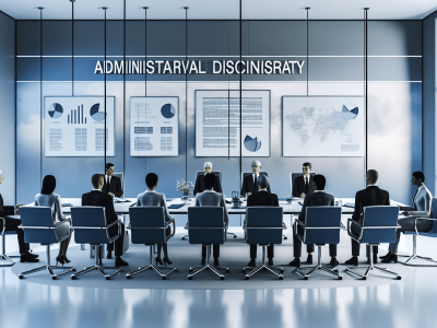Executivos discutindo sobre processo administrativo disciplinar em sala moderna com gráficos e documentos, simbolizando transparência e ética.
