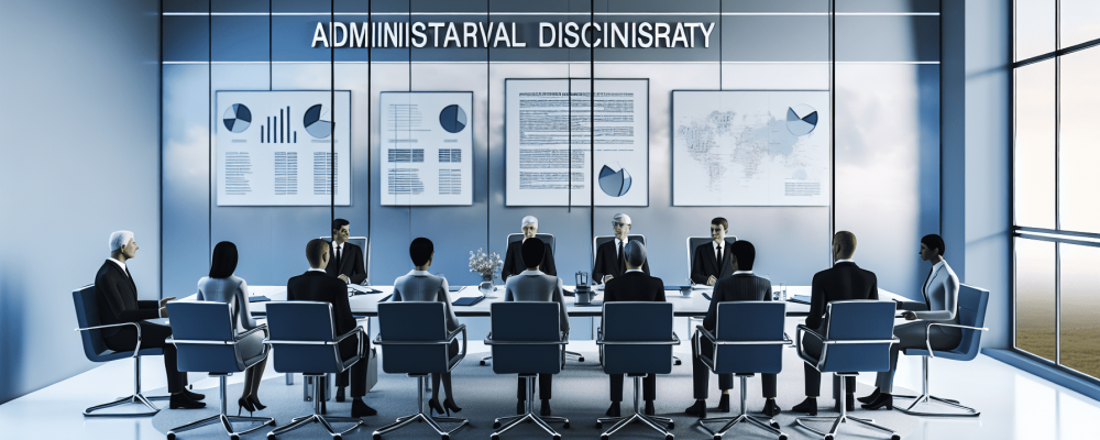 Executivos discutindo sobre processo administrativo disciplinar em sala moderna com gráficos e documentos, simbolizando transparência e ética.