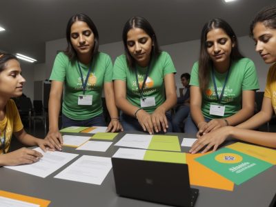 Grupo diverso de profissionais em sala de serviço público debatendo sobre direitos humanos e dignidade humana, com materiais educativos.