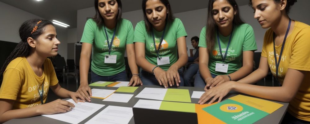 Grupo diverso de profissionais em sala de serviço público debatendo sobre direitos humanos e dignidade humana, com materiais educativos.