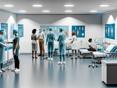 Clínica de saúde moderna com profissionais usando EPIs, seringas e cartazes sobre biossegurança.