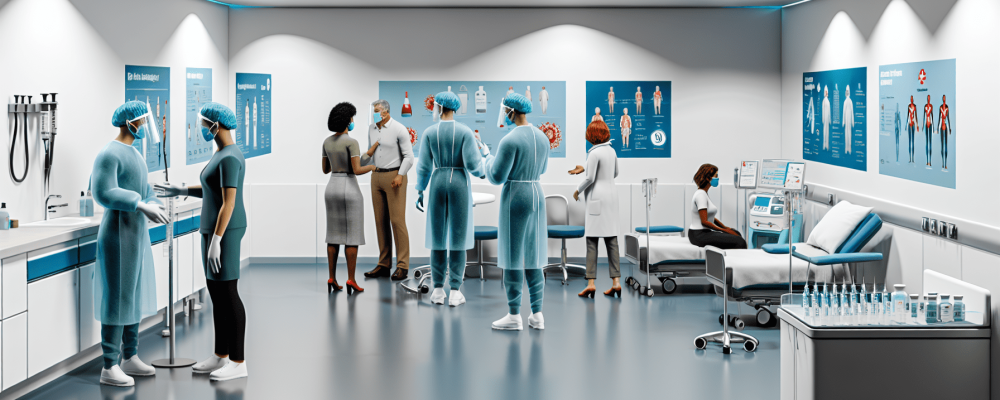 Clínica de saúde moderna com profissionais usando EPIs, seringas e cartazes sobre biossegurança.