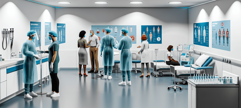 profissionais-em-clinica-biossegurança.webp Clínica de saúde moderna com profissionais usando EPIs, seringas e cartazes sobre biossegurança.