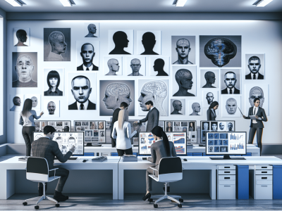 Psicólogos em laboratório analisando relatórios de comportamento criminoso com computadores e perfis criminais nas paredes.