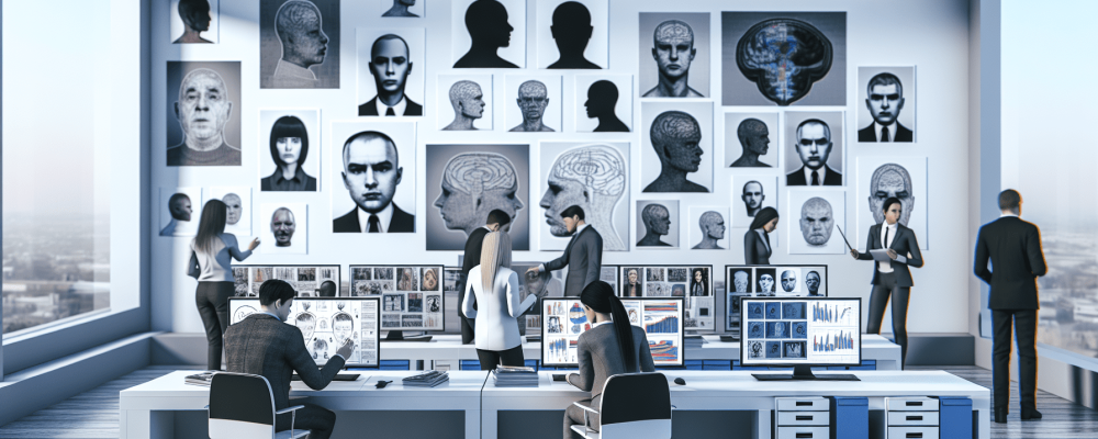 Psicólogos em laboratório analisando relatórios de comportamento criminoso com computadores e perfis criminais nas paredes.