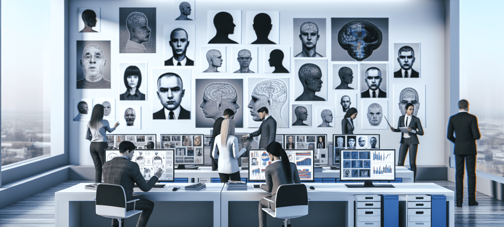 Psicólogos em laboratório analisando relatórios de comportamento criminoso com computadores e perfis criminais nas paredes.