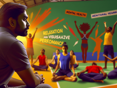 Treinador observando atletas em treino, aplicando técnicas de relaxamento e visualização em ambiente vibrante