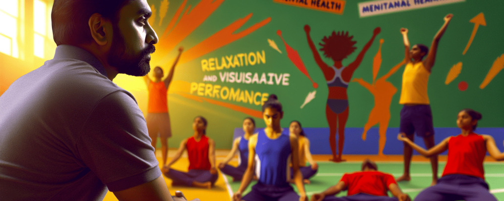 Treinador observando atletas em treino, aplicando técnicas de relaxamento e visualização em ambiente vibrante