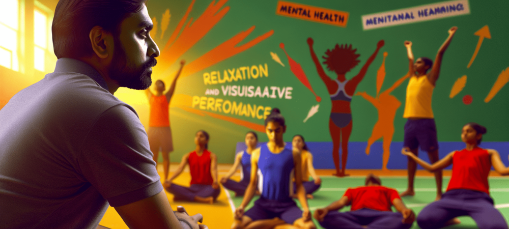 Treinador observando atletas em treino, aplicando técnicas de relaxamento e visualização em ambiente vibrante