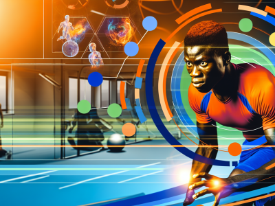 Atleta focado em treino com tecnologia avançada e controle emocional em cenário esportivo moderno.