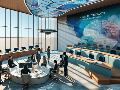 Profissionais discutem psicologia jurídica em tribunal moderno, com documentos e tecnologia.