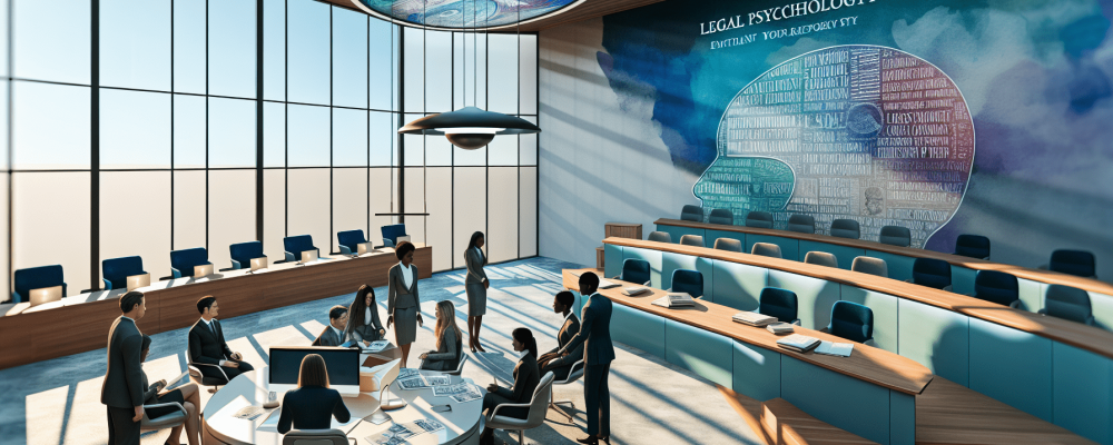 Profissionais discutem psicologia jurídica em tribunal moderno, com documentos e tecnologia.