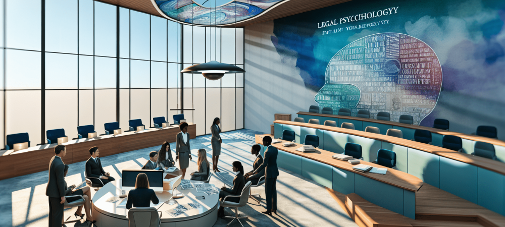 Profissionais discutem psicologia jurídica em tribunal moderno, com documentos e tecnologia.