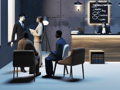 Psicólogo jurídico conversando com advogado e cliente em tribunal moderno, com documentos e lousa ao fundo.