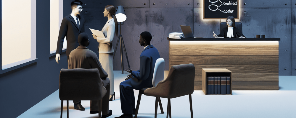 Psicólogo jurídico conversando com advogado e cliente em tribunal moderno, com documentos e lousa ao fundo.