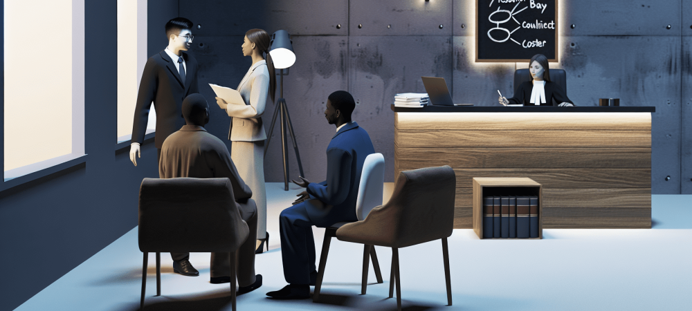 Psicólogo jurídico conversando com advogado e cliente em tribunal moderno, com documentos e lousa ao fundo.