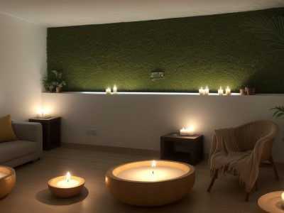 Terapeuta holístico guiando prática de meditação em sala acolhedora, iluminada por luz suave, com plantas, velas e almofadas em cores quentes.