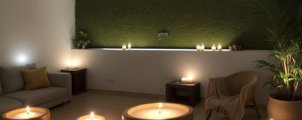Terapeuta holístico guiando prática de meditação em sala acolhedora, iluminada por luz suave, com plantas, velas e almofadas em cores quentes.