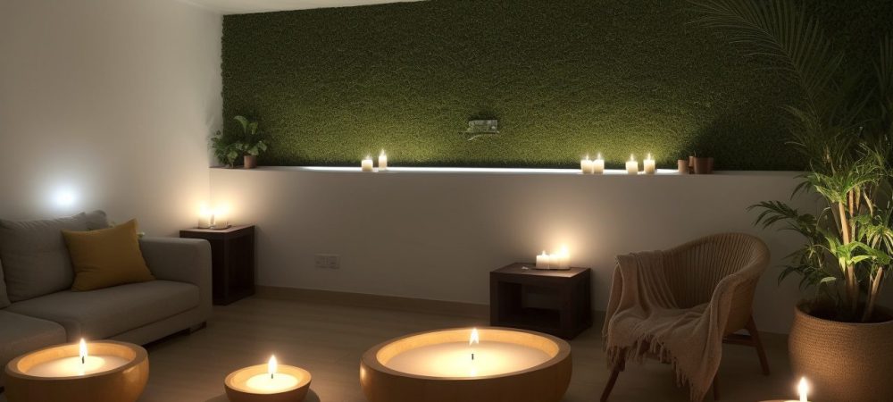 Terapeuta holístico guiando prática de meditação em sala acolhedora, iluminada por luz suave, com plantas, velas e almofadas em cores quentes.