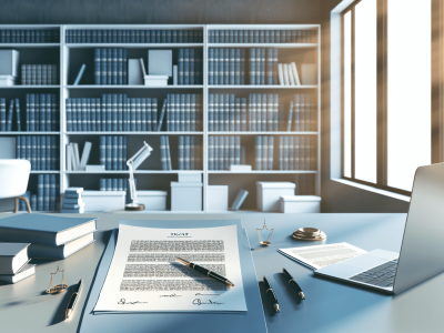 Mesa de trabalho com documentos jurídicos e laptop em escritório moderno, destacando redação jurídica com anotações, estantes de livros ao fundo